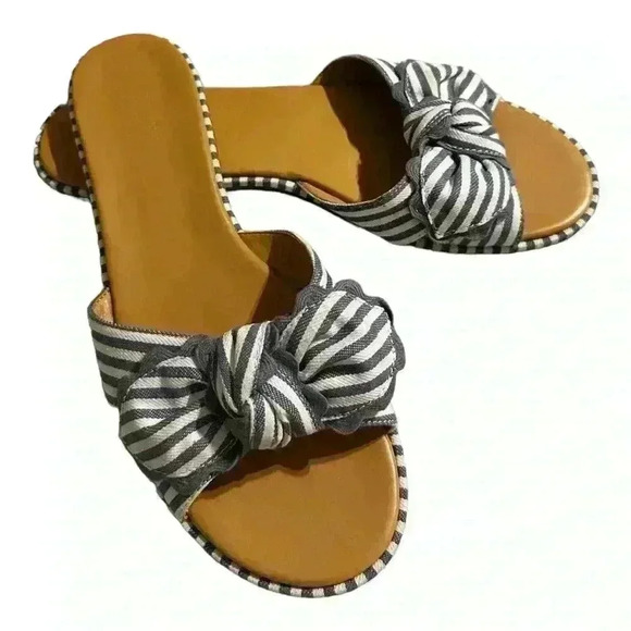 J. Crew Women’s Shoes Blue/White Striped Slide On Bow Tie Flat Sandals Size 9 - Picture 1 of 7